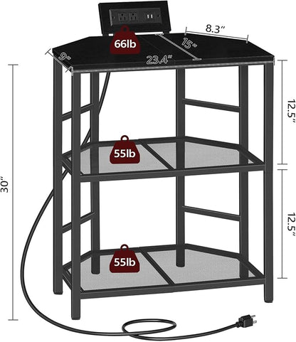 Corner Printer Stand with Charging Station, 3-Tier Large Printer Table with Adjustable Feet, Metal Frame Storage Shelf for Office, Living Room, Small Space, Black PTBK14E01