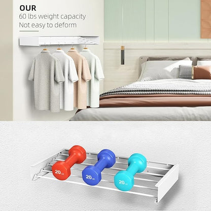 Laundry Drying Rack, Collapsible Wall Mounted Clothes Drying Rack - Drying Rack Clothing Foldable,Space Saving, 32" Wide, 13.2 Linear Ft, 5 Aluminum Rods, 60 lb Capacity (White, 32")
