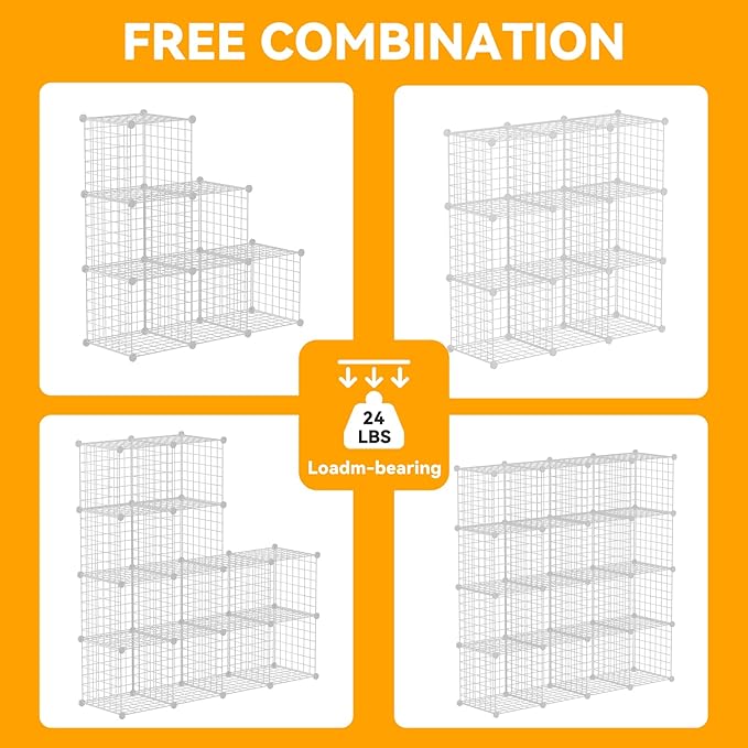HUBSON Wire Cube Storage Organizer, Book/Toy/Craft/Potted Plants and petCloset Organizers and Storage Shelves, 6-Cube Freely Combinable Metal Grids Storage Shelf, White Iron