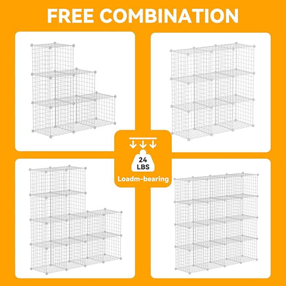HUBSON Wire Cube Storage Organizer, Book/Toy/Craft/Potted Plants and Pet Closet Organizers, 16-Cube Freely Combinable Metal Grid Storage Shelf, White Iron