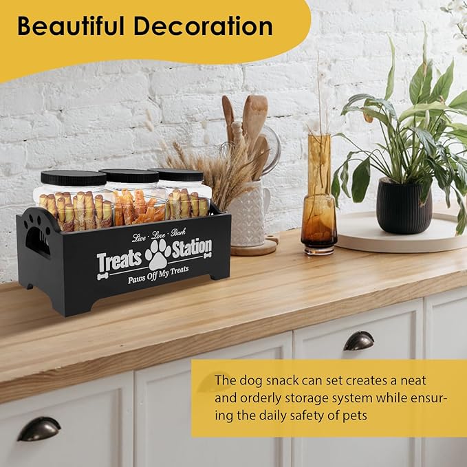 Dog Treat Container with 3 Plastic Treat Jars Wood Dog Food Container with Handles Dog Food Storage Container Decorative Cat Food Container for Dog Food Storage (Black)