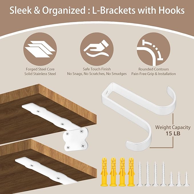 SOGAL 6 Inch White Brackets | Heavy Duty Modern Floating Supports for Kitchen Pantry - 150LB Capacity, Utility Hooks Included