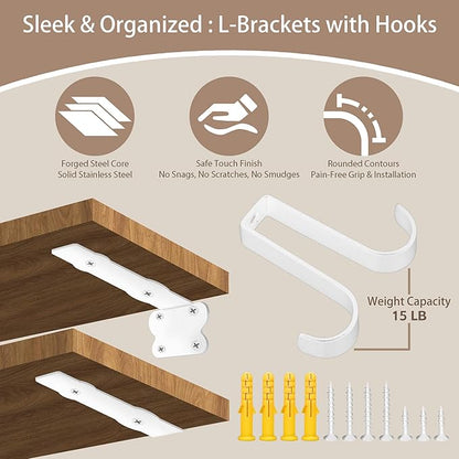 SOGAL 5 Inch Shelf Brackets with 4 Hooks, White Floating Shelf Bracket Invisible Supports 4 Pack