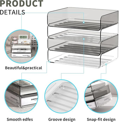 4-Tier Acrylic Paper Tray Organizer for Desk, Clear & Brown Stackable Letter Trays, Modern Desktop File Organizer with Snap-Fit Design, Office Desk Accessories