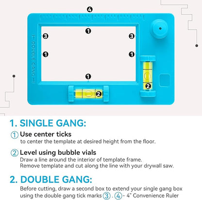 Low Voltage Mounting Bracket Template, Horizontal or Vertical Mounting Template for Single Gang and Double Gang Low Voltage Brackets, Easily Mark Out Cutouts (Blue)