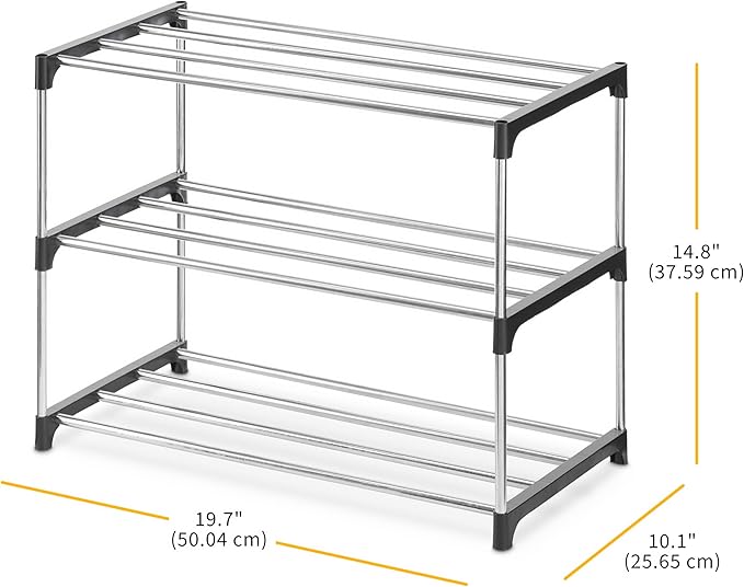 Whitmor 3-Tier Shoe Rack - Small Space Solution - Store up to 6 Pairs of Shoes - Organize Shoes & Accessories - Chrome & Black