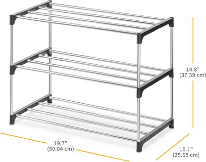 Whitmor 3-Tier Shoe Rack - Small Space Solution - Store up to 6 Pairs of Shoes - Organize Shoes & Accessories - Chrome & Black