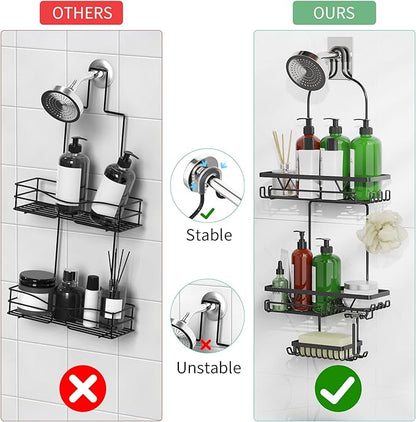 Shower Caddy Hanging, Anti-Swing Over Head Shower Caddy, Rustproof Bathroom Organizer with Soap Holder & Hooks