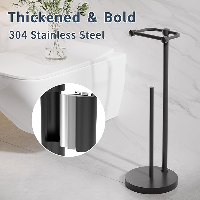 Toilet Paper Holder Stand, Post Pivoting Design Free Standing Toilet Paper Holder with Storage for 4 Rolls, SUS304 Stainless Steel Tissue Holder with Reserve, Heavy-Duty Base (Matte Black)