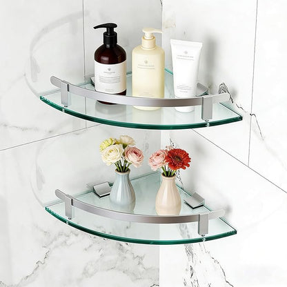 Bathroom Shelves, Glass Shelf Wall Mounted Glass Corner Shower Shelf with Aluminum Rail for Bathroom (2 Packs)