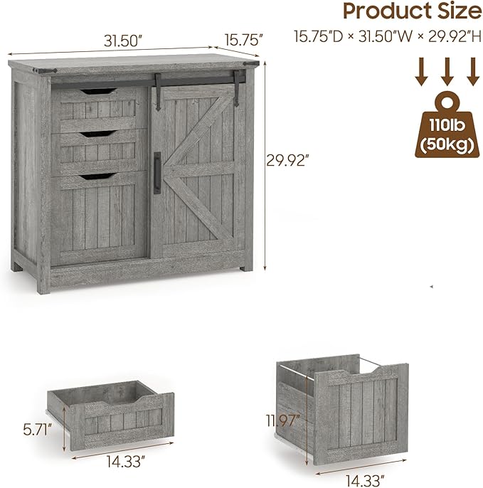 Vabches Lateral File Cabinets with Adjustable Shelf, Farmhouse Filing Cabinet for Home Office, Filing Organization Storage Cabinets with Sliding Barn Door for Hanging Files Letter/A4.