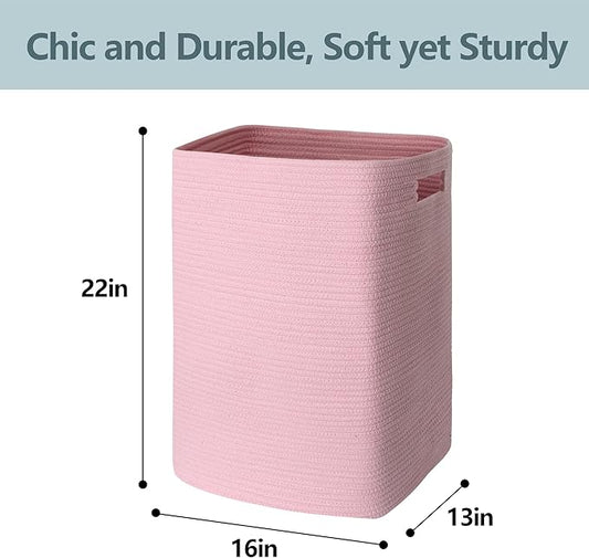 Large Laundry Hamper 16"x13"x22" - Tall Woven Laundry Basket, Cotton Rope Dirty Clothes Hamper, Baby Kids Nursery Wicker Laundry Basket, Bedroom Aesthetic, Soft Laundry Bin, Pink Hamper, 75L