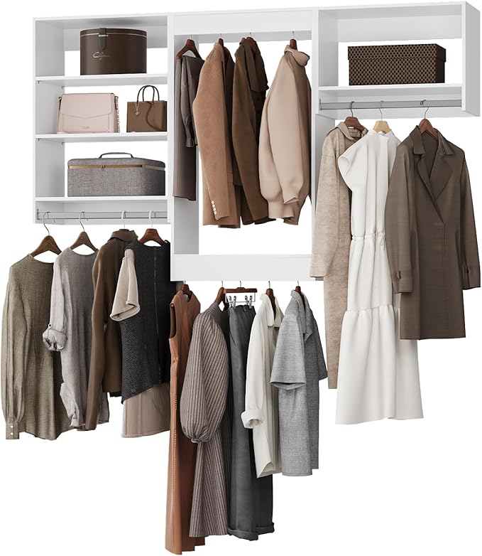 ROOMTEC Modular Closet System, 66" Closet Organizer with Hanging Rods, Wall-Mounted Wooden Tower for Walk-In Closets, Wardrobe Storage Kit, White