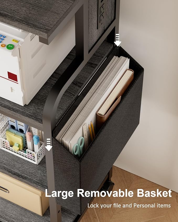 Tall Printer Stand with Storage, 4-Tier Mobile Printer Cart with Adjustable Shelf & Side Bag, Heavy Duty Printer Table with Built-In Charging Station for Home Office, Fits Scanner, Fax Machine, Grey