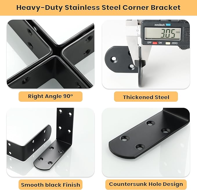 Alise 4Pcs Stainless Steel L Brackets for Shelves Black, Small Floating Shelf Brackets, 90 Degree Right Angle Bracket, Heavy Duty Metal L Bracket Corner Brackets for Wood Furniture (3.94X3.94 in)