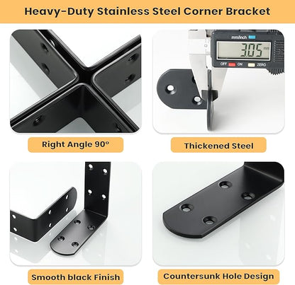 Alise 4Pcs Stainless Steel L Brackets for Shelves Black, Small Floating Shelf Brackets, 90 Degree Right Angle Bracket, Heavy Duty Metal L Bracket Corner Brackets for Wood Furniture (3.94X3.94 in)