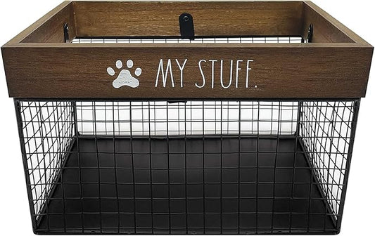 Rae Dunn Pet Toy Basket - Metal & Wood Dog & Cat Toy Storage Bin - Organizer for Leash, Blanket, Treats, Food & Accessories - Container Baskets, 9.75" x 8" x 6"