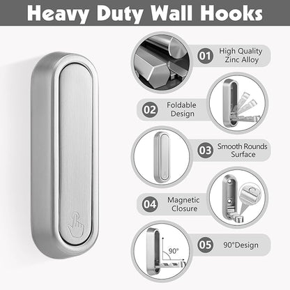 Folding Coat Hooks, 2 Pcs Foldable Silver Wall Hooks Heavy Duty Foldable Hook Bathroom Towel Hooks Robe Hooks Wall Mounted for Hanging Coat Towels Clothes Hat Bags Keys