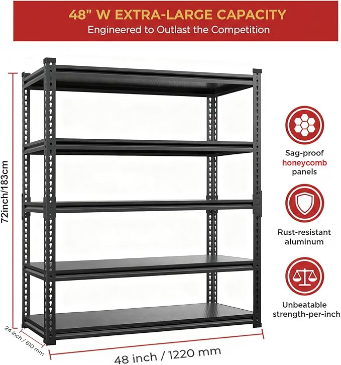 Garage Shelving, 5-Tier 3000LBS Heavy Duty Storage Rack with Sag-Proof Aluminum Deck, Adjustable Boltless Shelves 72" H x 48" W x 24" D for Garage, Basement & Workshop