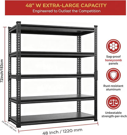 Garage Shelving, 5-Tier 3000LBS Heavy Duty Storage Rack with Sag-Proof Aluminum Deck, Adjustable Boltless Shelves 72" H x 48" W x 24" D for Garage, Basement & Workshop