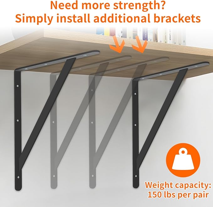 Heavy Duty Shelf Brackets 12 x 8 inch, 6 Pack Wall Shelf Brackets with 90 Degree Triangle, Black Metal L Brackets, Shelves L Brackets(300x190mm)