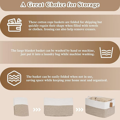 Goodpick Woven Storage Basket, 22”x17”x12” Large Blanket Storage for Living Room, Rope Baskets for Organizing, Rectangle Nursery Toy Box With Handles, Brown and White