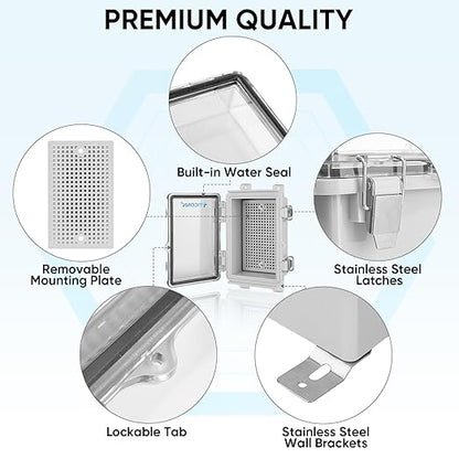 TICONN Outdoor Electrical Box Waterproof, Junction Box IP67 ABS Plastic Enclosure with Hinged Cover with Mounting Plate, Wall Brackets, Cable Glands (Clear, 5.9"x3.9"x2.8")