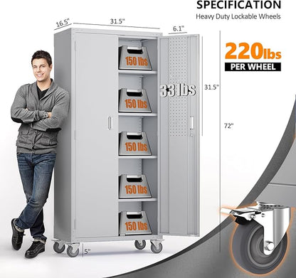 VINGLI 72'' Tall Garage Storage Cabinet, Metal Storage Cabinet with Pegboards, Wheels, Locking Doors and Adjustable Shelves (Gray, 32''W x 16''D x 72''H)