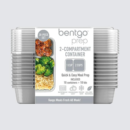 Bentgo Prep - 20-Piece 2-Compartment Reusable Meal Prep Containers with Lids, PFAS & BPA Free Materials, Durable, Microwave, Freezer, & Dishwasher Safe To Go Food Storage (Silver)
