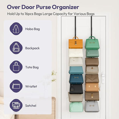 SWTYMIKI Over The Door Purse Organizer - 2 Packs Wall Mounted Purse Rack with 8 Hooks Design, Hanging Handbag Organizer Storage Holds up to 16 Bags, Bag Rack for Closet, Door (Black)