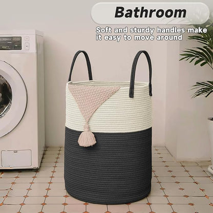 Large Woven Laundry Basket Hamper,60L Cotton Rope Storage Bin for Blankets,Toys and Clothes,Decorative Tall Nursery Hamper for Living Room,Baby Nursery,Bathroom and Bedroom,White and Black