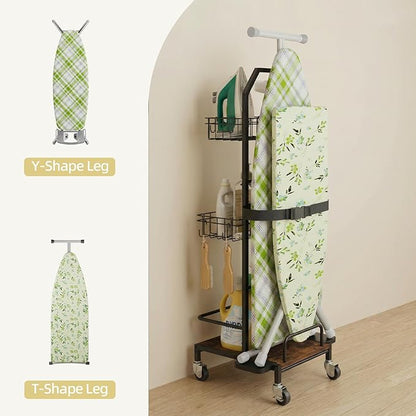 Ironing Board Holder Cart for Small & Narrow Laundry Rooms, Freestanding Iron & Ironing Board Storage Rack for T & X Boards with 3-Tier Shelves, Rolling Metal Wheels, Hooks, No Wall Mount