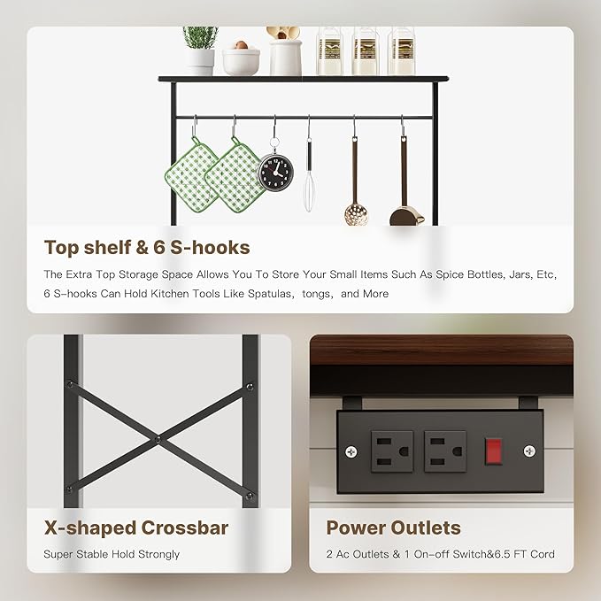 kitchen Bakers Rack with Power Outlet, Coffee Bar Table 4 Tiers, Microwave Stand with 6 S-shaped Hooks, Kitchen Storage Shelf Rack for Spices, Pots and Pans，25.6" L x 12" W x 53.5" H