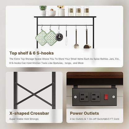 kitchen Bakers Rack with Power Outlet, Coffee Bar Table 4 Tiers, Microwave Stand with 6 S-shaped Hooks, Kitchen Storage Shelf Rack for Spices, Pots and Pans，25.6" L x 12" W x 53.5" H