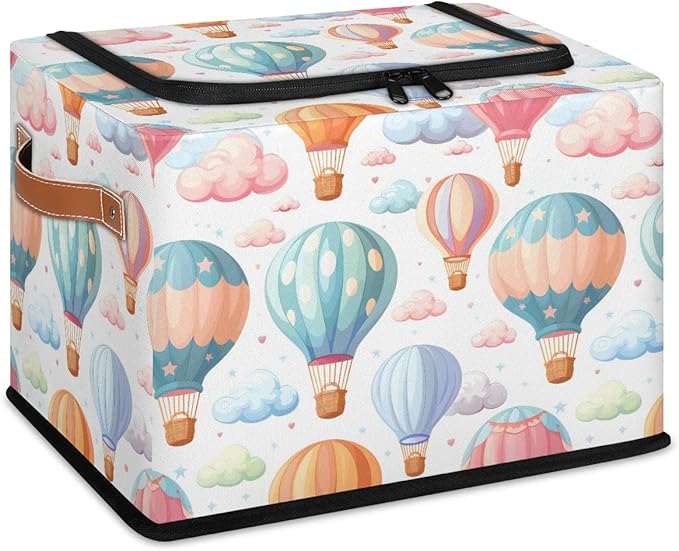 Colorful Hot Balloon Storage Bins with Zipper Lid, Collapsible Fabric Storage Basket with Leather Handles Closet Shelf Cloth Organizer Basket for Nursery Bedroom Clothes Toy
