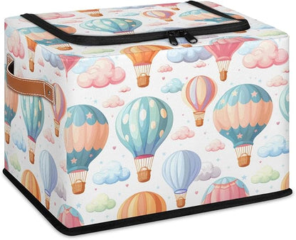 Colorful Hot Balloon Storage Bins with Zipper Lid, Collapsible Fabric Storage Basket with Leather Handles Closet Shelf Cloth Organizer Basket for Nursery Bedroom Clothes Toy