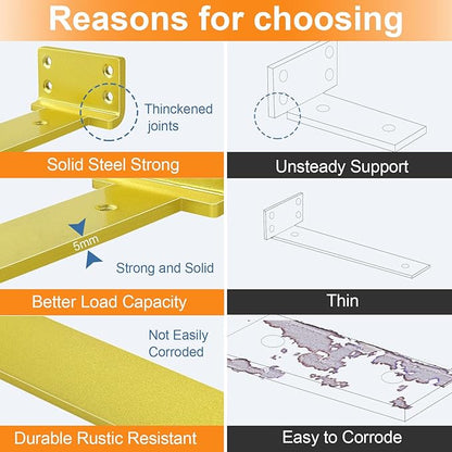 Floating Shelf Brackets 6 inch 4 Pack L Brackets for Shelves Gold Metal Heavy Duty Shelf Bracket for DIY Decorative with Mounting Hardware