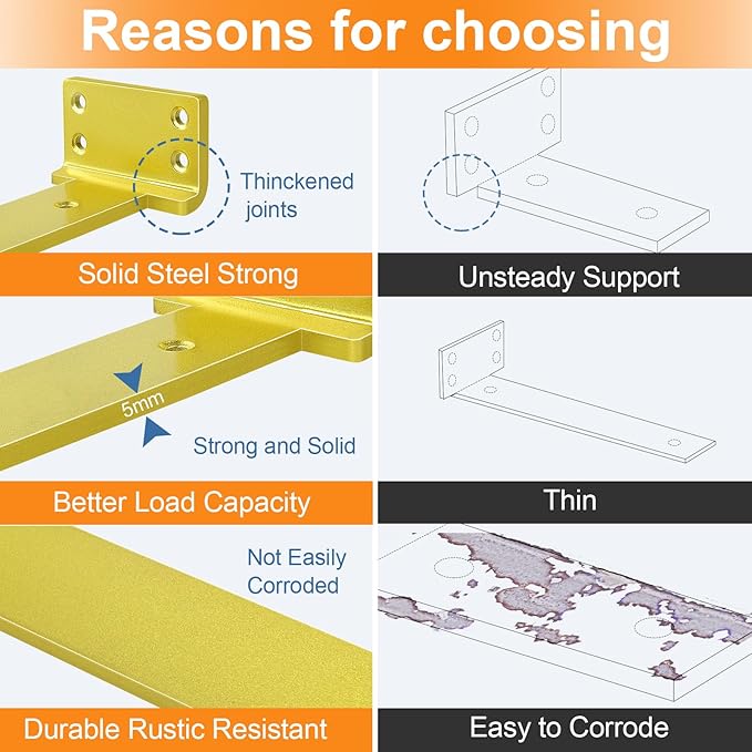 Floating Shelf Brackets 12 inch 4 Pack L Brackets for Shelves Gold Metal Heavy Duty Shelf Bracket for DIY Decorative with Mounting Hardware