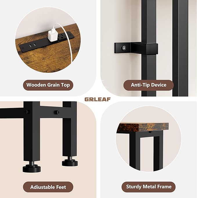 GRLEAF 102" Sofa Table with Built-in Power Strip (4 AC Outlets & 4 USB Ports) – 4.9ft Power Cord, Metal Frame, Easy Assembly, Long Couch Table Behind Sofa, Living Room and Home Office | Rustic Brown
