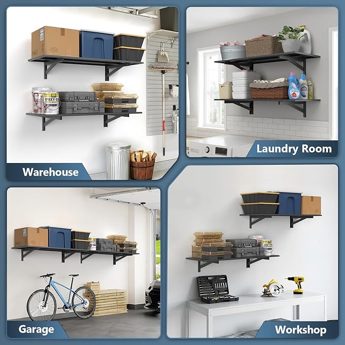 2 Pack Heavy Duty Garage Wall Shelving (1.5x4ft), 700lbs Capacity Garage Shelving Wall Mounted, 18"x96"Garage Storage Rack Floating Shelves, Black