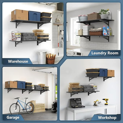 2 Pack Heavy Duty Garage Wall Shelving (1.5x4ft), 700lbs Capacity Garage Shelving Wall Mounted, 18"x96"Garage Storage Rack Floating Shelves, Black