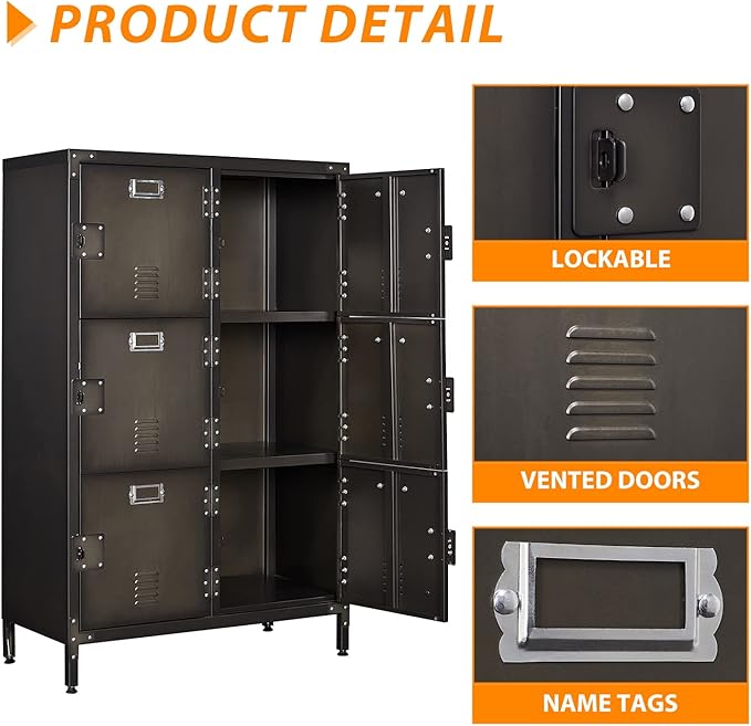 Metal Locker Storage Cabinet, 47.3" Employees Locker with 6 Doors, Steel Retro Wardrobe with Adjustable Feet for Home, Office, Gym, School