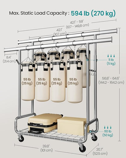 SONGMICS Clothes Rack, Heavy-Duty Rolling Clothing Garment Rack with Wheels, Extendable Double Hanging Rods and Adjustable Height, Portable, with Shelf and Hooks, Silver UHSR015E01
