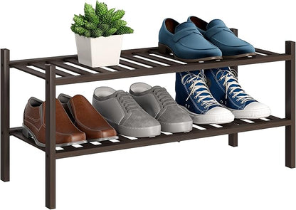 BMOSU 2-Tier Bamboo Shoe Rack Premium Stackable Shoe Shelf Storage Organizer for Hallway Closet Living Room Entryway Organizer (Brown Bamboo)