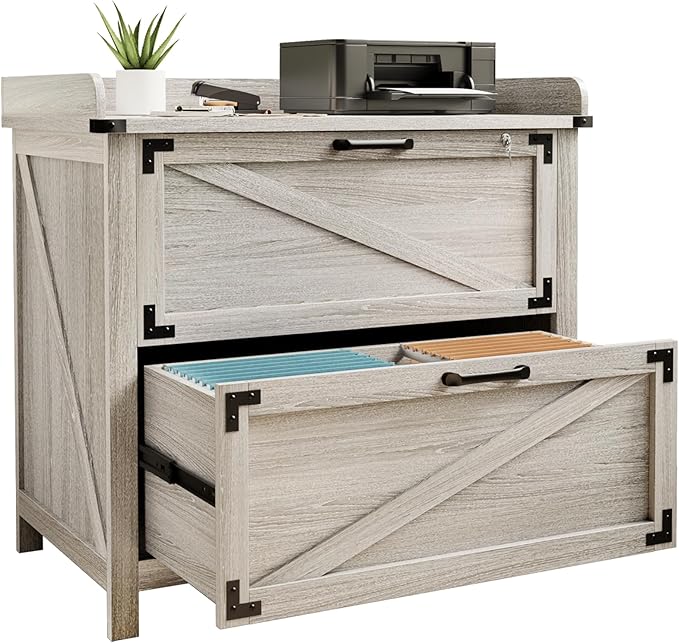 2 Drawer File Cabinet with Lock, Modern Farmhouse Filing Cabinet for Letter Files, Large Wood File Cabinets for Home Office (Grey)