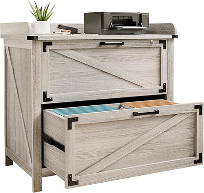 2 Drawer File Cabinet with Lock, Modern Farmhouse Filing Cabinet for Letter Files, Large Wood File Cabinets for Home Office (Grey)
