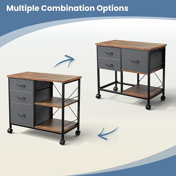 DUMOS 3-Tier Mobile File Cabinet, Printer Stand with Storage, Office Table with Drawers and Back Support Bar, Holds 110lb for Home Office, Rustic Brown