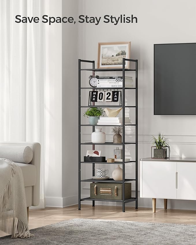 SONGMICS Narrow Shoe Rack, Sturdy 8 Tier Metal Tall Shoe Rack Shelf, Slim Shoe Storage Organizer for Closet Entryway Small Spaces, Vertical Shoe Stand Tower for 18 Pairs Shoes, Easy Assembly, Black