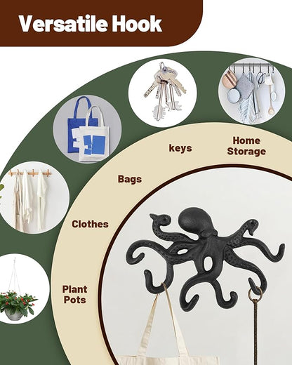 Wall Hooks for Hanging - Cast Iron Vintage Wall Decor Coat Rack - Vintage Rustic Design Hat Hooks for Kitchen, Entryway - Handmade Heavy Duty Key Hook (Octopus)