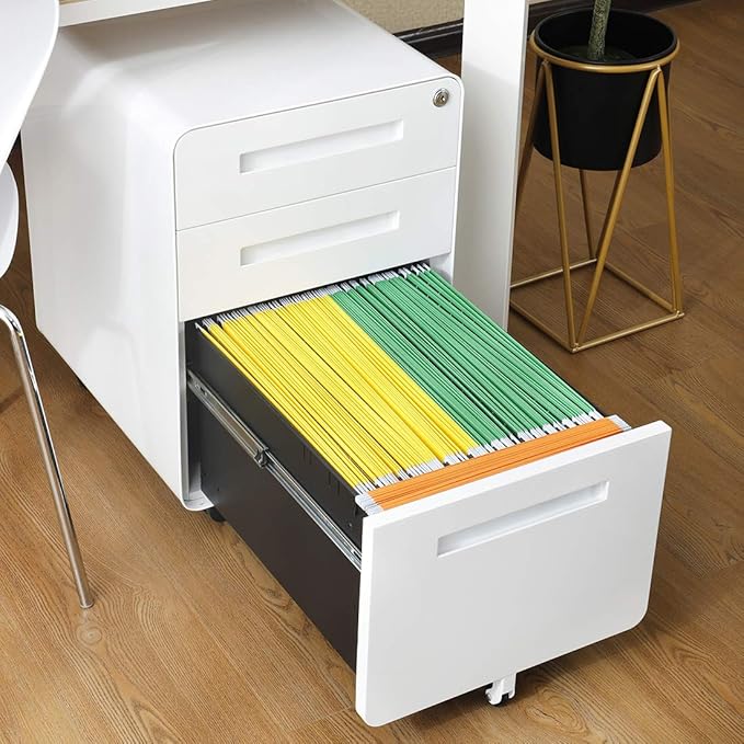 GarveeHome 3 Drawer Mobile File Cabinet with Lock, Under Desk Metal Filing Cabinet for Home Office, Under Desk Storage with 5 Wheels for A4/Letter/Legal Size, Fully Assembled